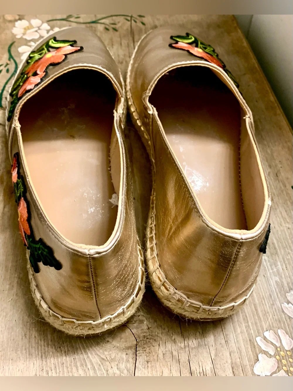 a new day Gold Espadrille Slip-Ons with Pink Floral Applique